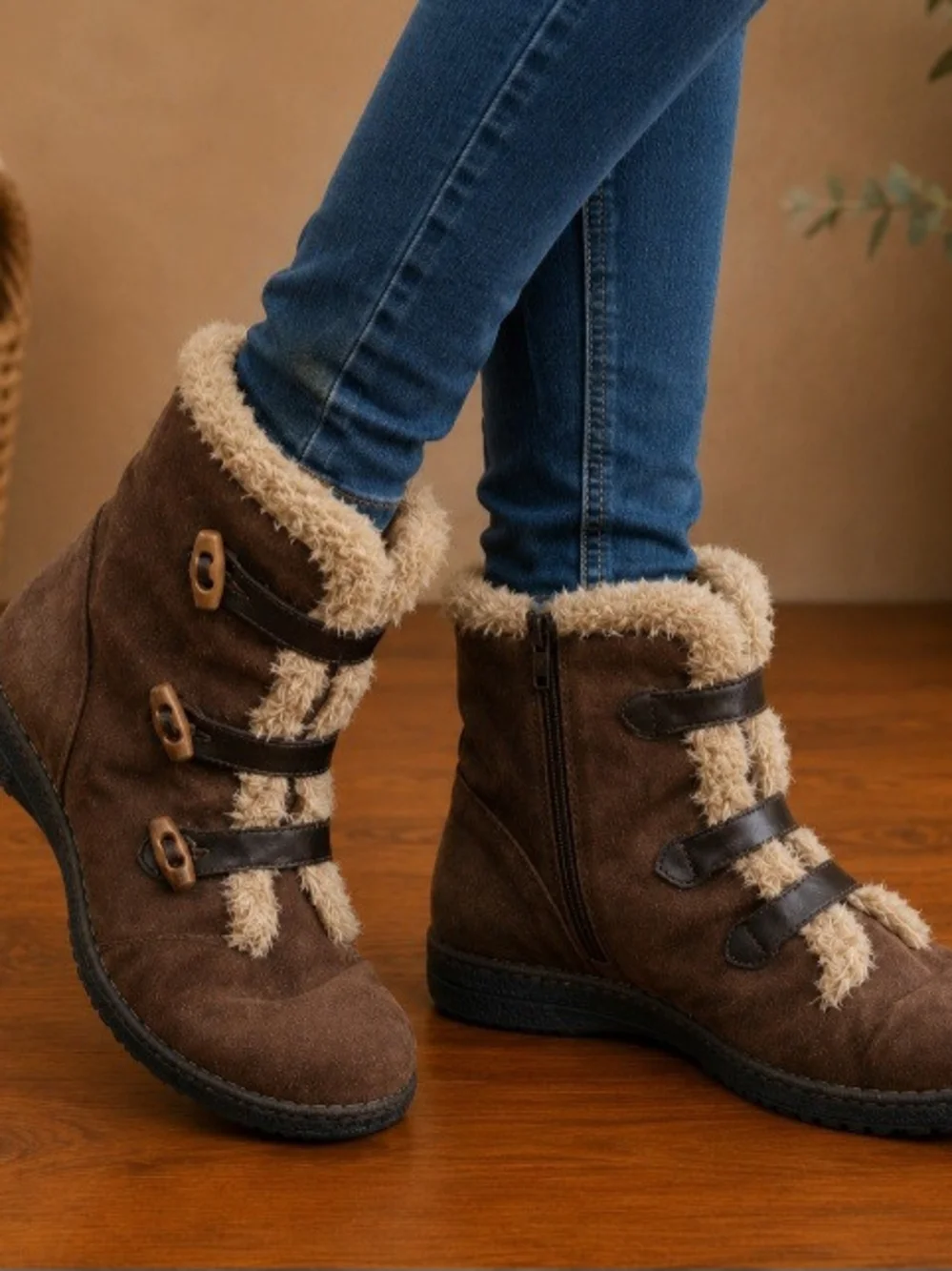 Earth Spirit Brown Faux-Shearling Strap Winter Boots